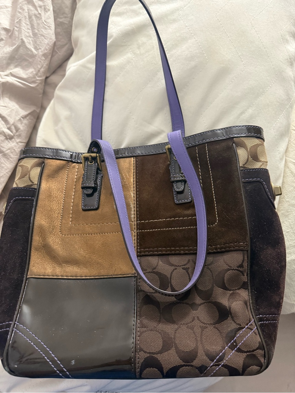 Coach Patchwork Tote Bag in Brown and Purple vintage with matching wristlet